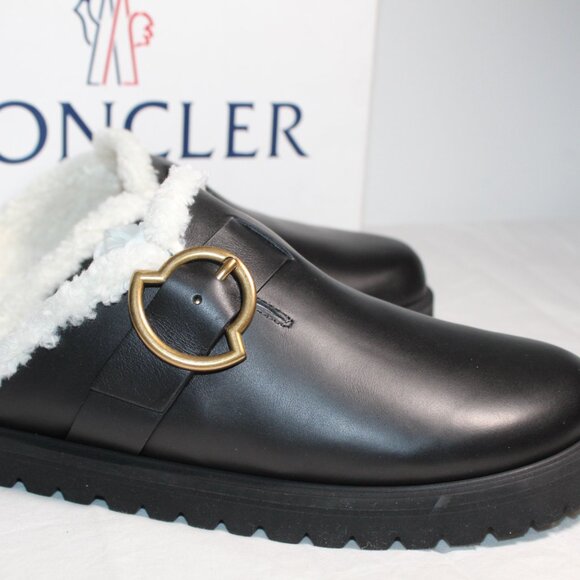 NWB Moncler Bell Mule Faux Shearling Lined Mules Flats Slip Ons Black Leather 41 - Picture 3 of 10